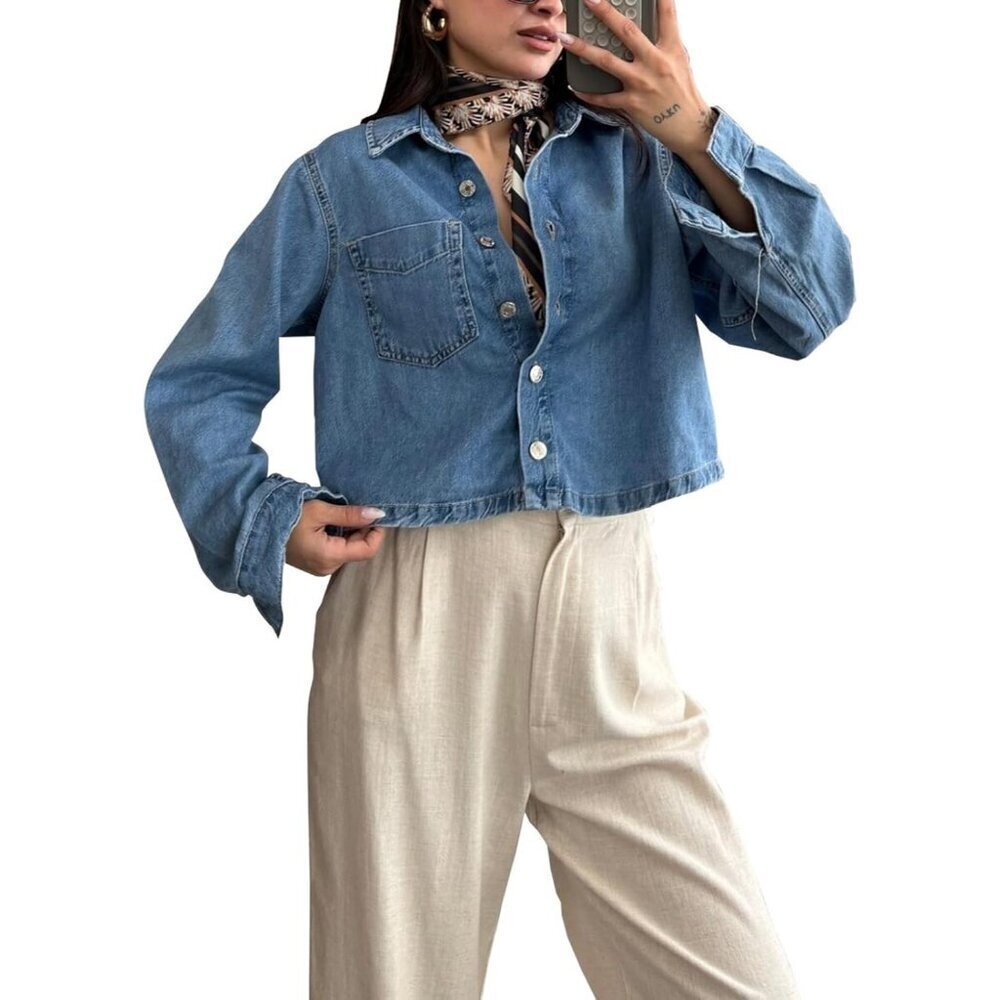 Women's Crop Jean Denim Jackets Button Down Long Sleeve Jacket Coat Blue-b